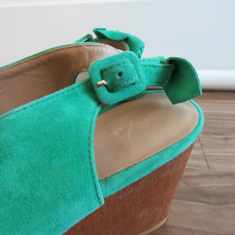 ANTHROPOLOGIE Bow Back Wooden Wedge Peeptoe Sandals in Kelly Green - Size US 10 - Picture 4 of 15